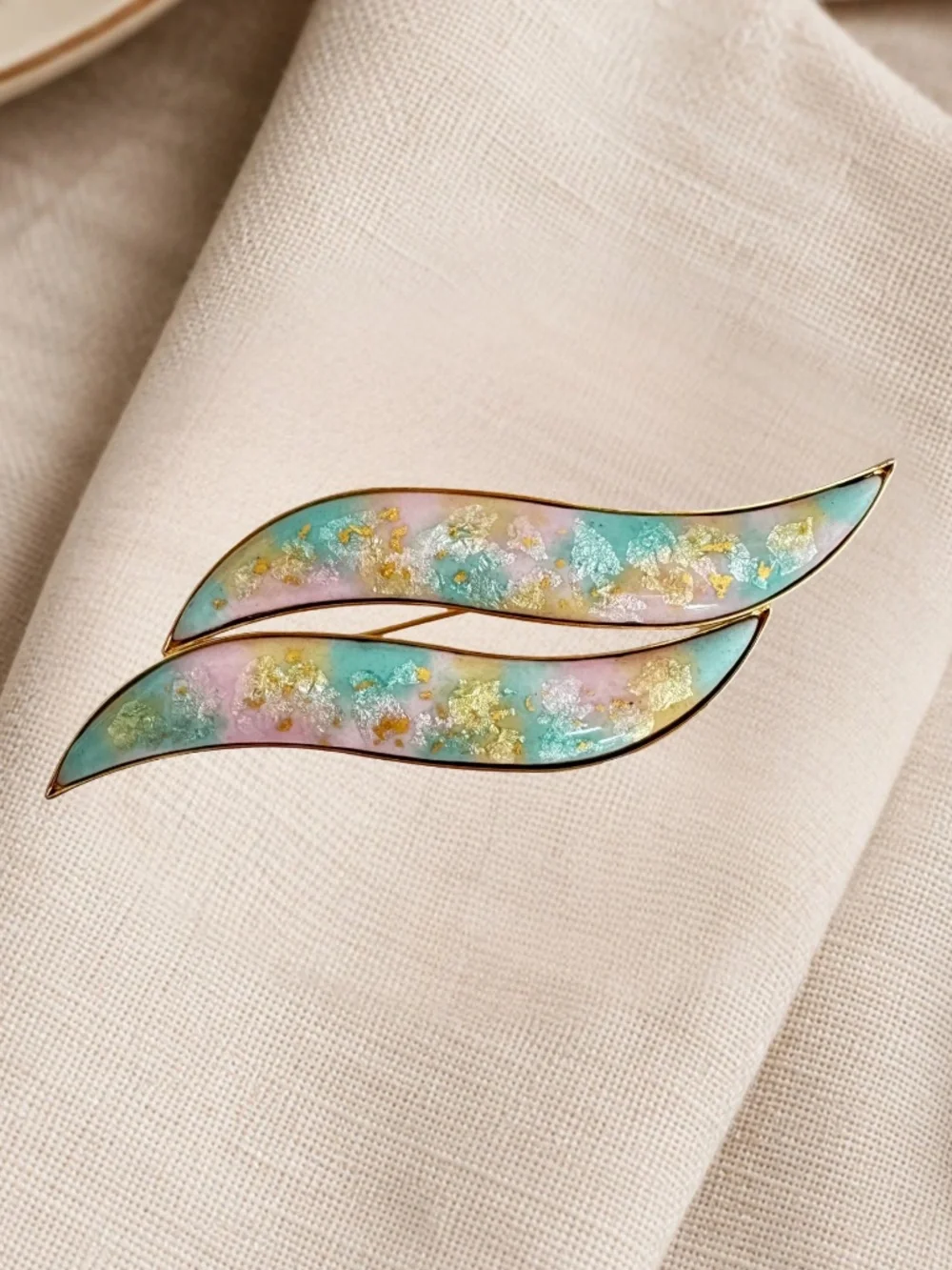 Vintage Japanese Cloisonne Brooch Pendant Pastel Enamel Abstract Gold Tone Pin